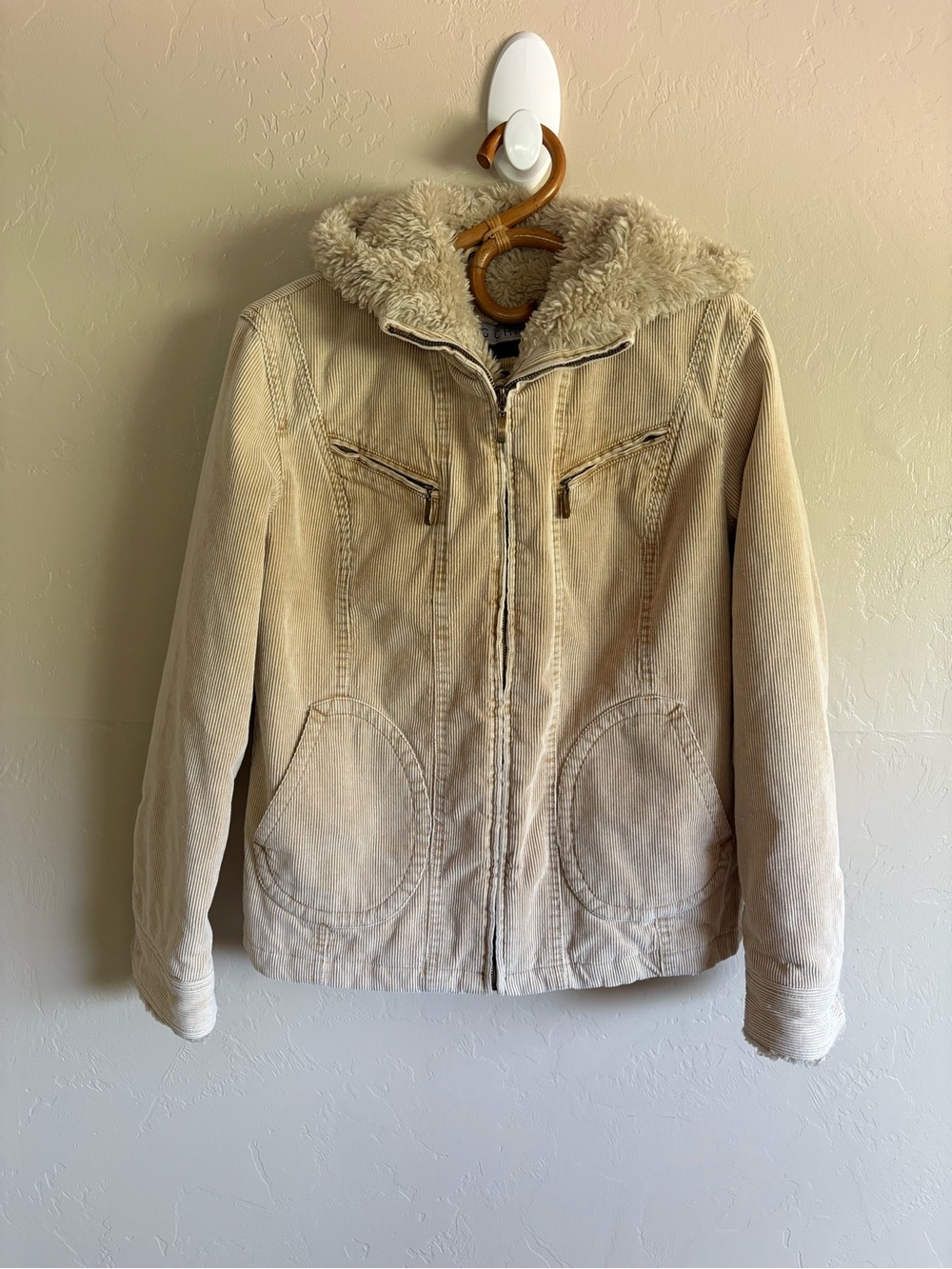 Vintage 2000s Y2K Big Chill Light Cream Tan Corduroy Fur Penny Lane Coat Size M